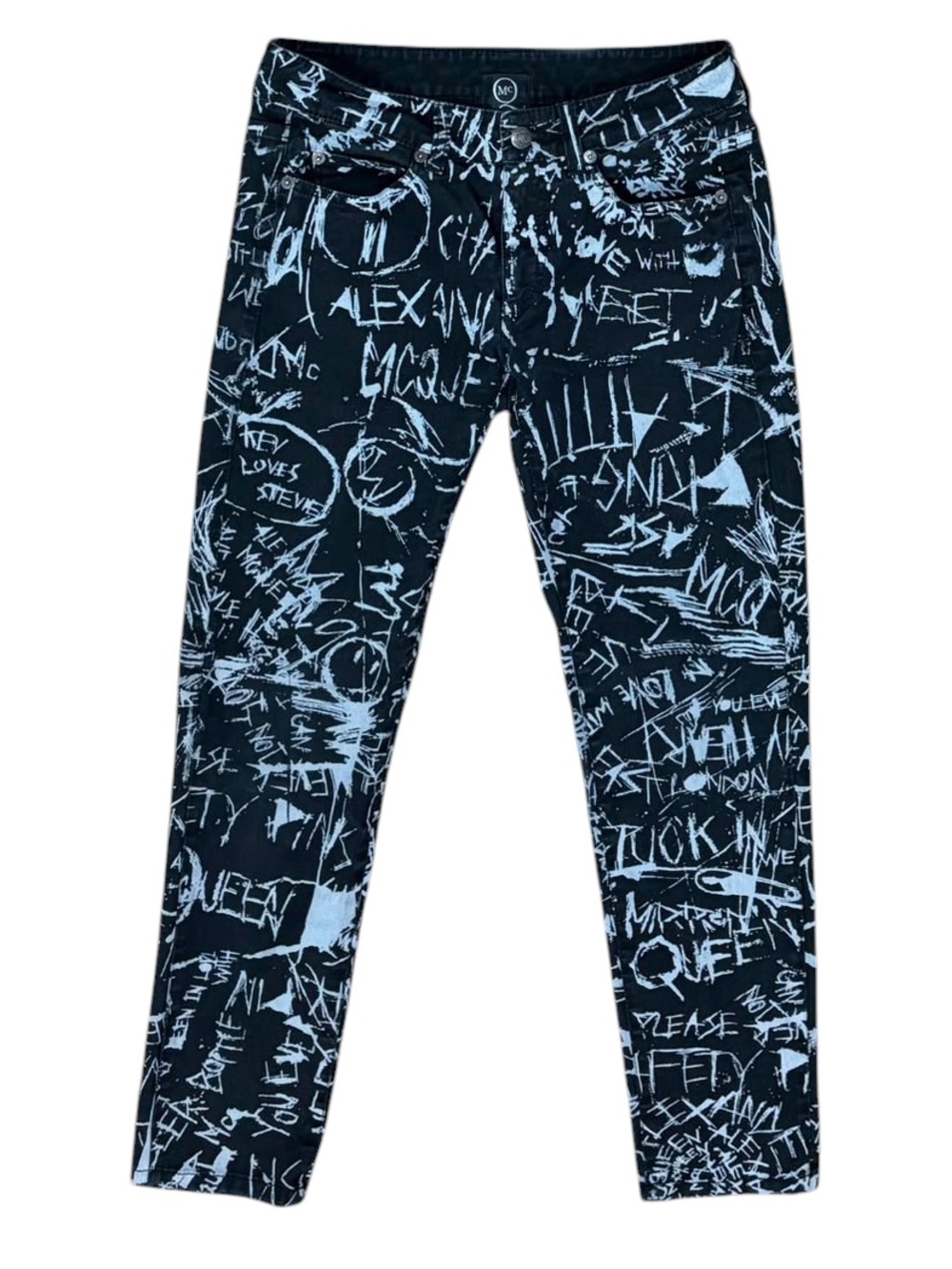 McQ By Alexander McQueen Sz 26 Graffiti Print Skinny Jeans Low rise Black white